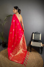 Elora Red Lichi Silk Golden Zari Meena Weaving Banarasi Saree | Grocsy