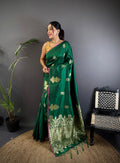 Elora Dark Green Lichi Silk Golden Zari Meena Weaving Banarasi Saree | Grocsy