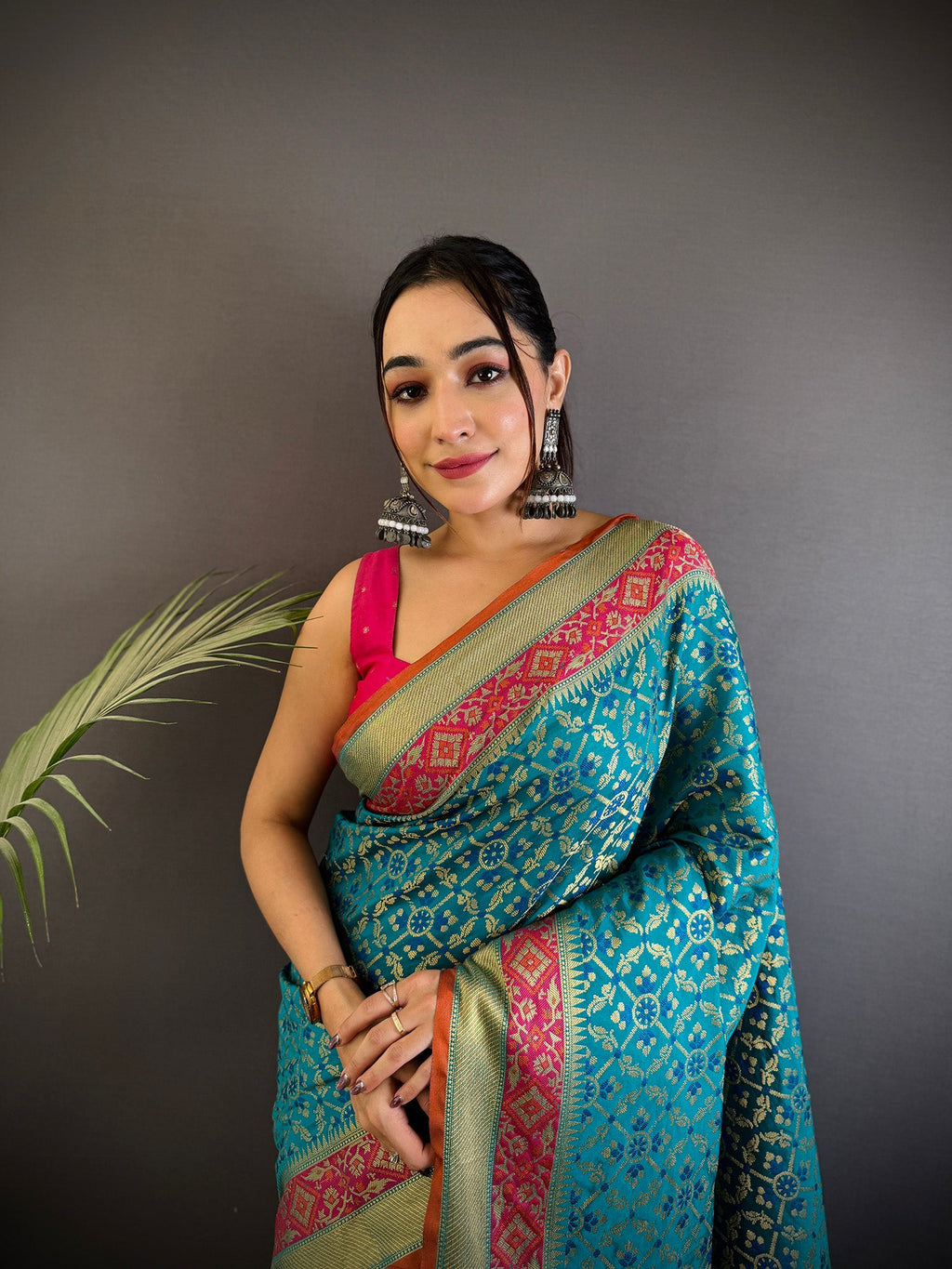 Elora Aqua Blue Soft Silk Zari Weaving Patola Saree | Grocsy