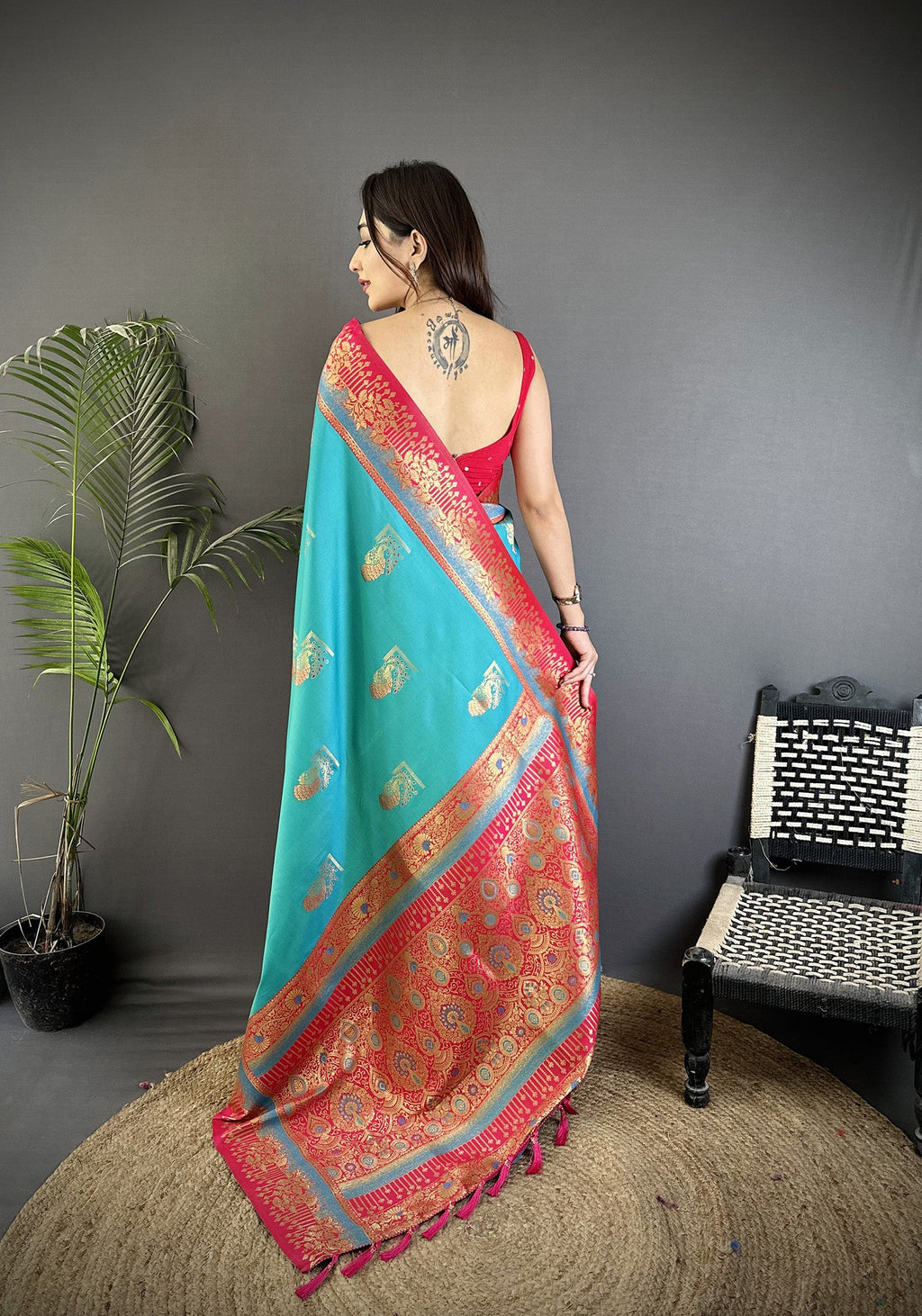 Elora Aqua Green Soft Silk Dual Zari Peacock Butta Worked Banarasi Saree | Grocsy