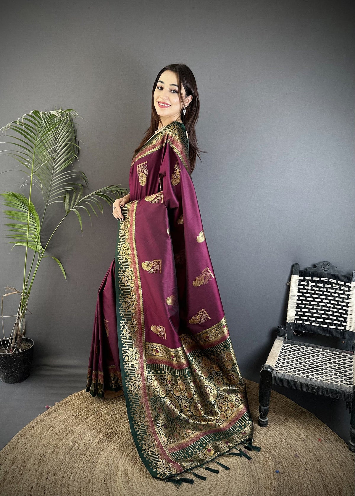 Elora Maroon Soft Silk Dual Zari Peacock Butta Worked Banarasi Saree | Grocsy