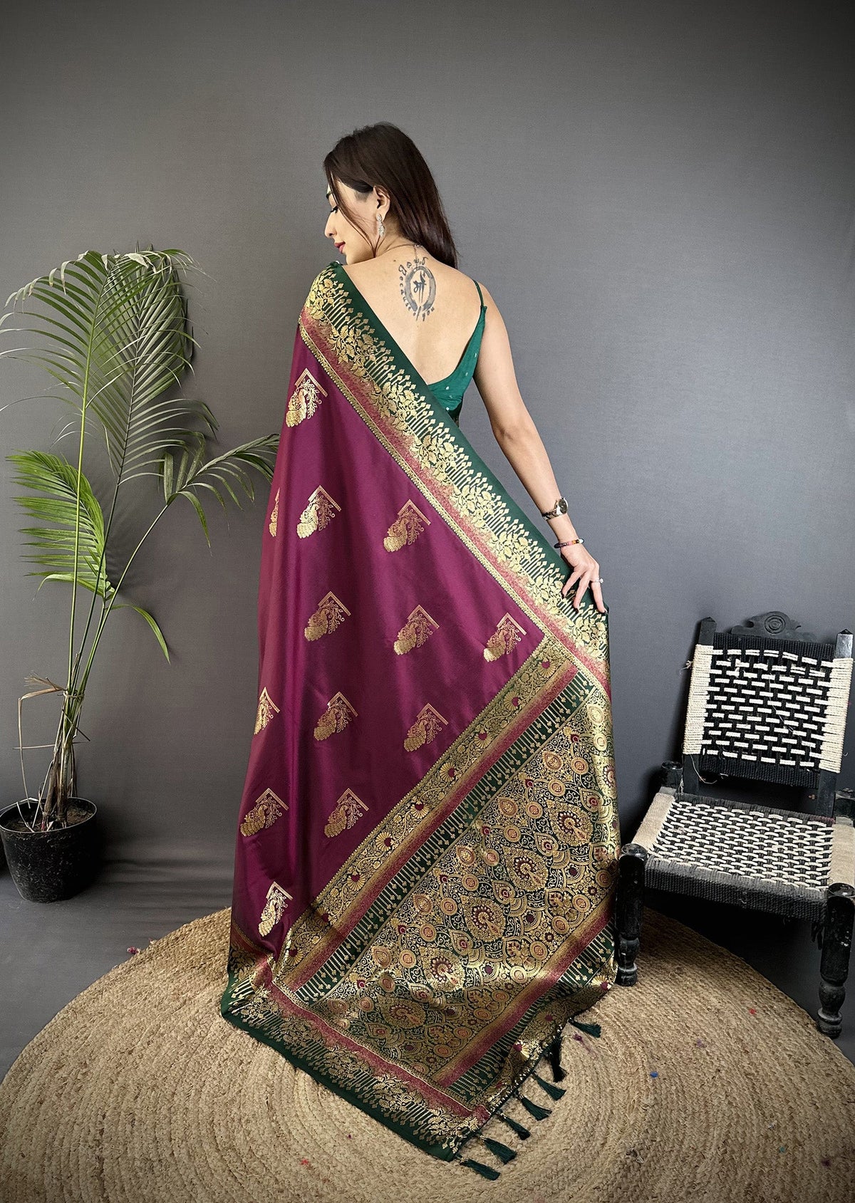 Elora Maroon Soft Silk Dual Zari Peacock Butta Worked Banarasi Saree | Grocsy