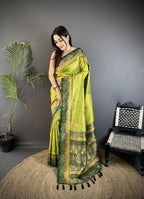 Elora Light Green Soft Silk Dual Zari Peacock Butta Worked Banarasi Saree | Grocsy