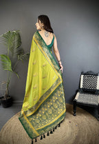 Elora Light Green Soft Silk Dual Zari Peacock Butta Worked Banarasi Saree | Grocsy