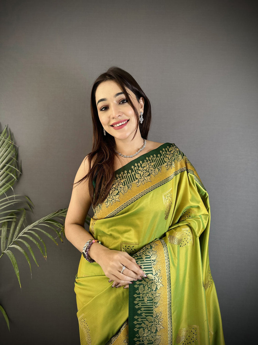 Elora Light Green Soft Silk Dual Zari Peacock Butta Worked Banarasi Saree | Grocsy