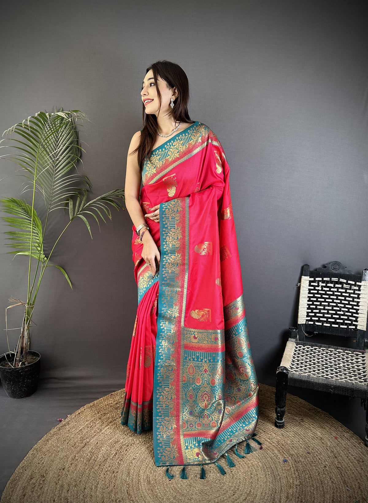 Elora Hot Pink Soft Silk Dual Zari Peacock Butta Worked Banarasi Saree | Grocsy