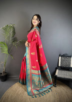 Elora Hot Pink Soft Silk Dual Zari Peacock Butta Worked Banarasi Saree | Grocsy