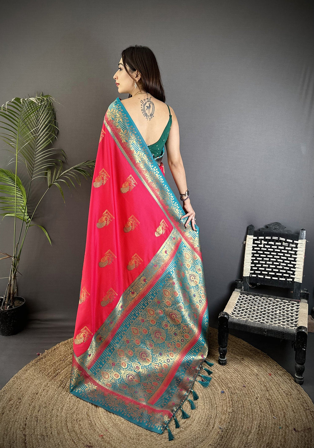 Elora Hot Pink Soft Silk Dual Zari Peacock Butta Worked Banarasi Saree | Grocsy