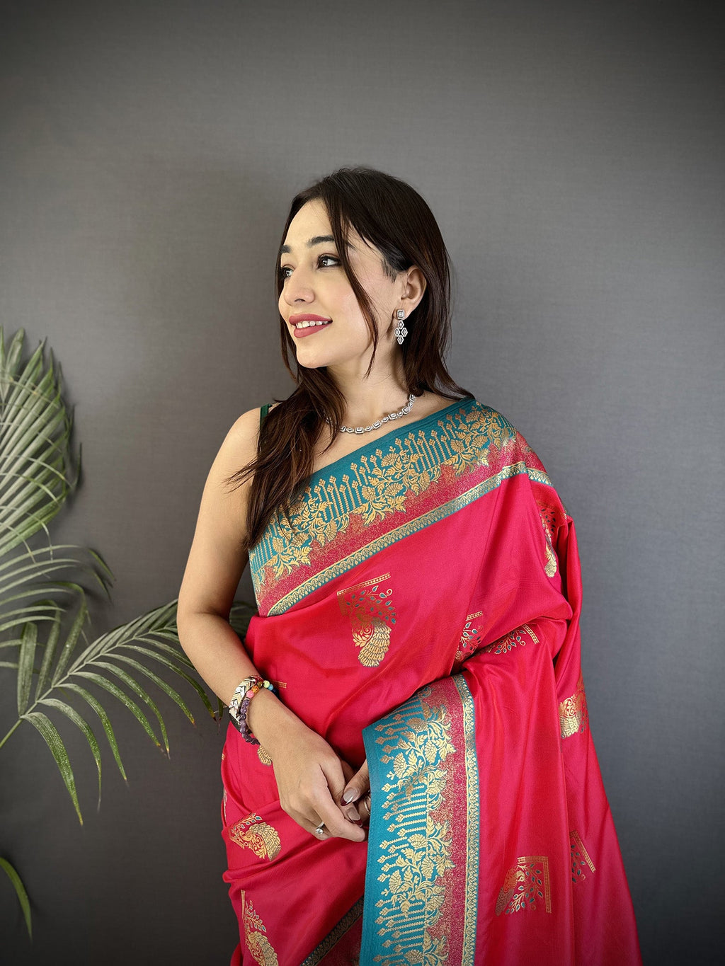 Elora Hot Pink Soft Silk Dual Zari Peacock Butta Worked Banarasi Saree | Grocsy