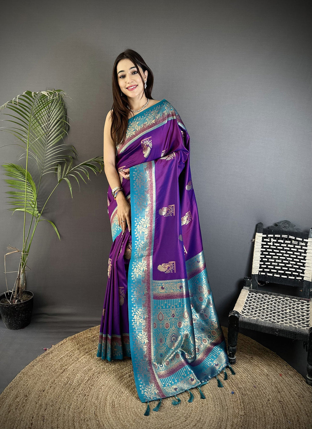 Elora Purple Soft Silk Dual Zari Peacock Butta Worked Banarasi Saree | Grocsy