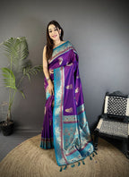 Elora Purple Soft Silk Dual Zari Peacock Butta Worked Banarasi Saree | Grocsy
