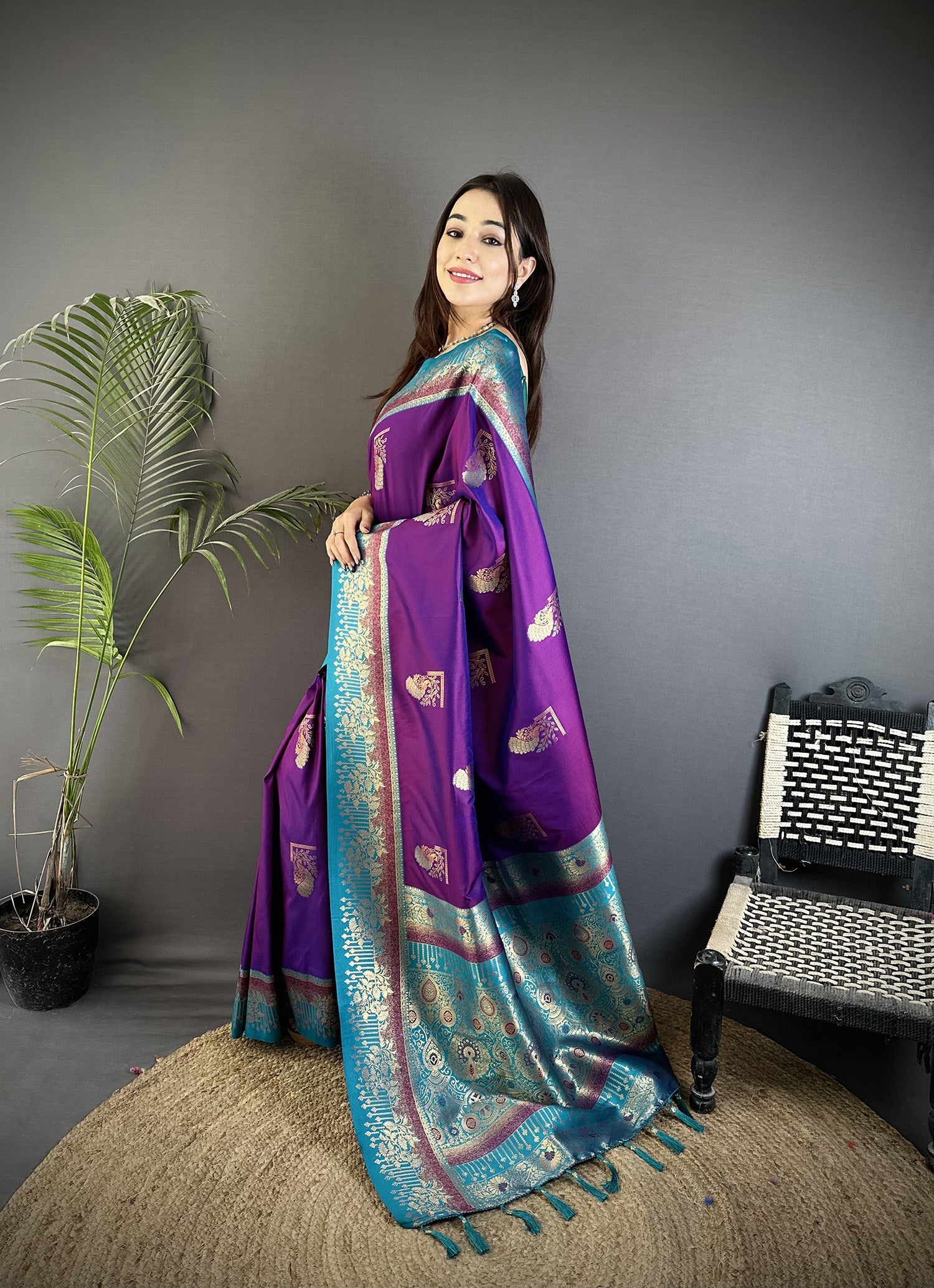 Elora Purple Soft Silk Dual Zari Peacock Butta Worked Banarasi Saree | Grocsy