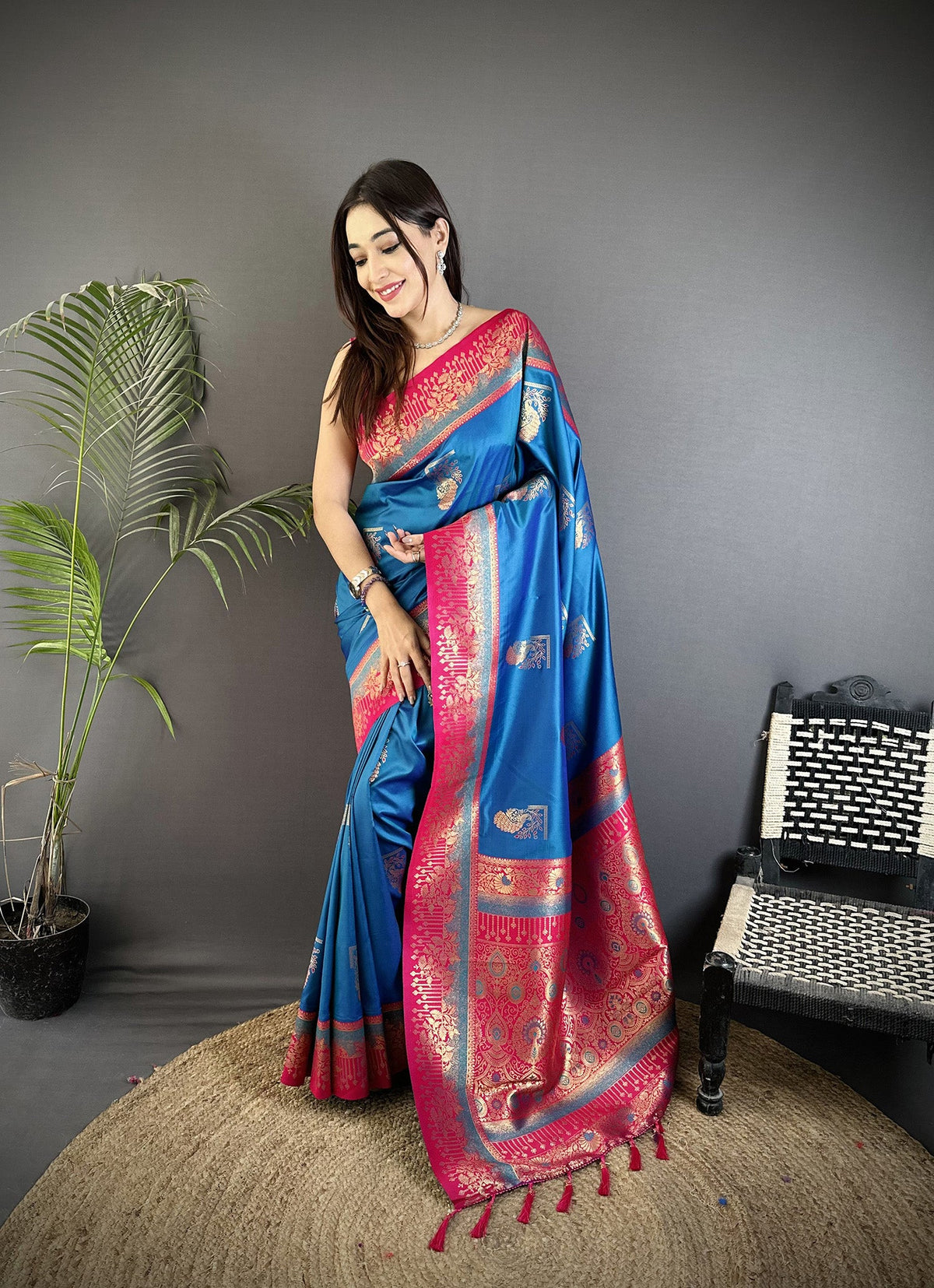 Elora Royal Blue Soft Silk Dual Zari Peacock Butta Worked Banarasi Saree | Grocsy