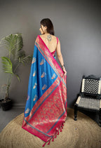 Elora Royal Blue Soft Silk Dual Zari Peacock Butta Worked Banarasi Saree | Grocsy