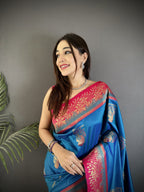 Elora Royal Blue Soft Silk Dual Zari Peacock Butta Worked Banarasi Saree | Grocsy