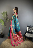 Elora Teal Soft Silk Dual Zari Peacock Butta Worked Banarasi Saree | Grocsy