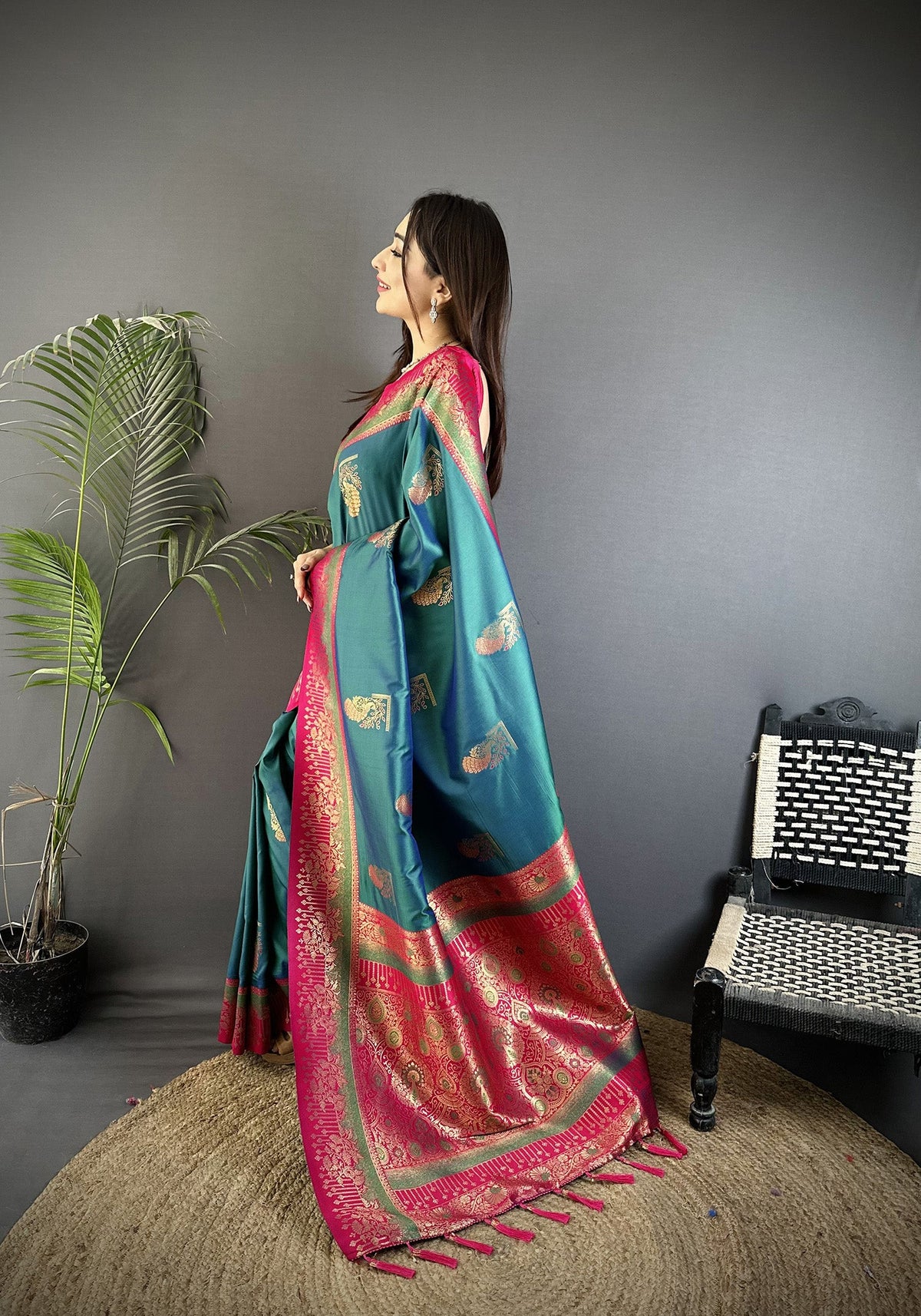 Elora Teal Soft Silk Dual Zari Peacock Butta Worked Banarasi Saree | Grocsy