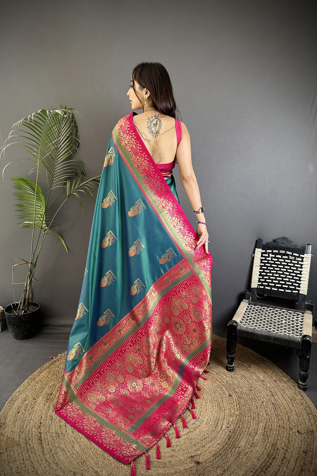 Elora Teal Soft Silk Dual Zari Peacock Butta Worked Banarasi Saree | Grocsy