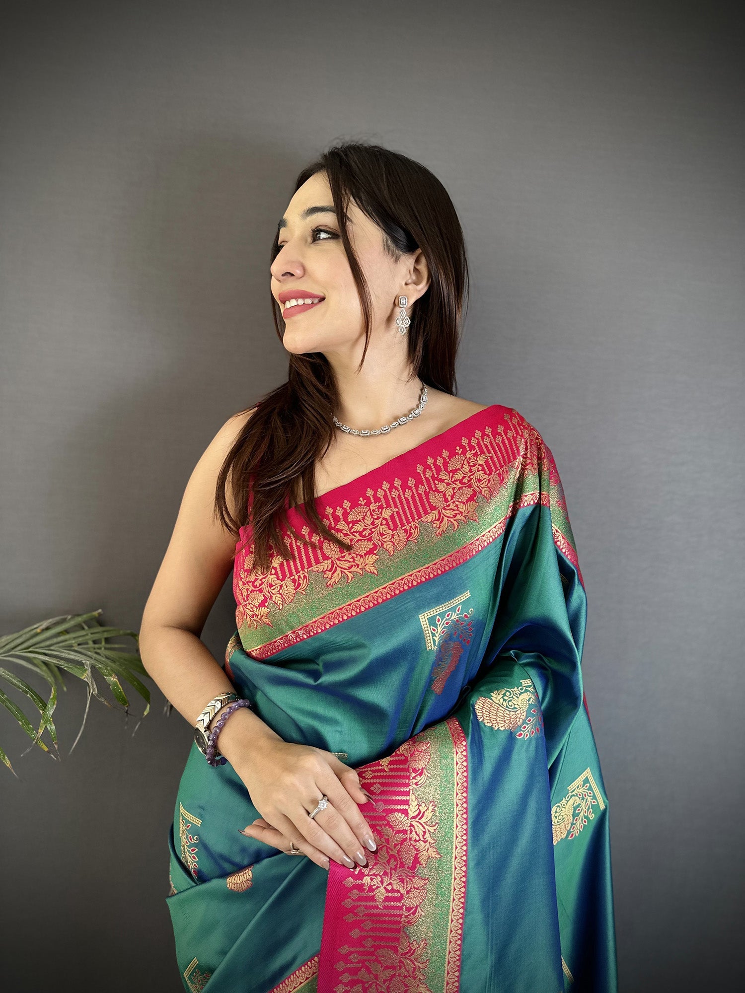 Elora Teal Soft Silk Dual Zari Peacock Butta Worked Banarasi Saree | Grocsy