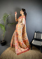 Elora Cream Soft Silk Banarasi Zari Woven Saree | Grocsy
