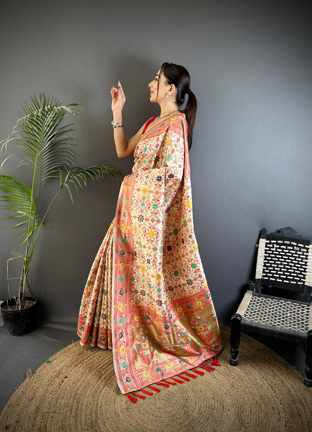 Elora Cream Soft Silk Banarasi Zari Woven Saree | Grocsy