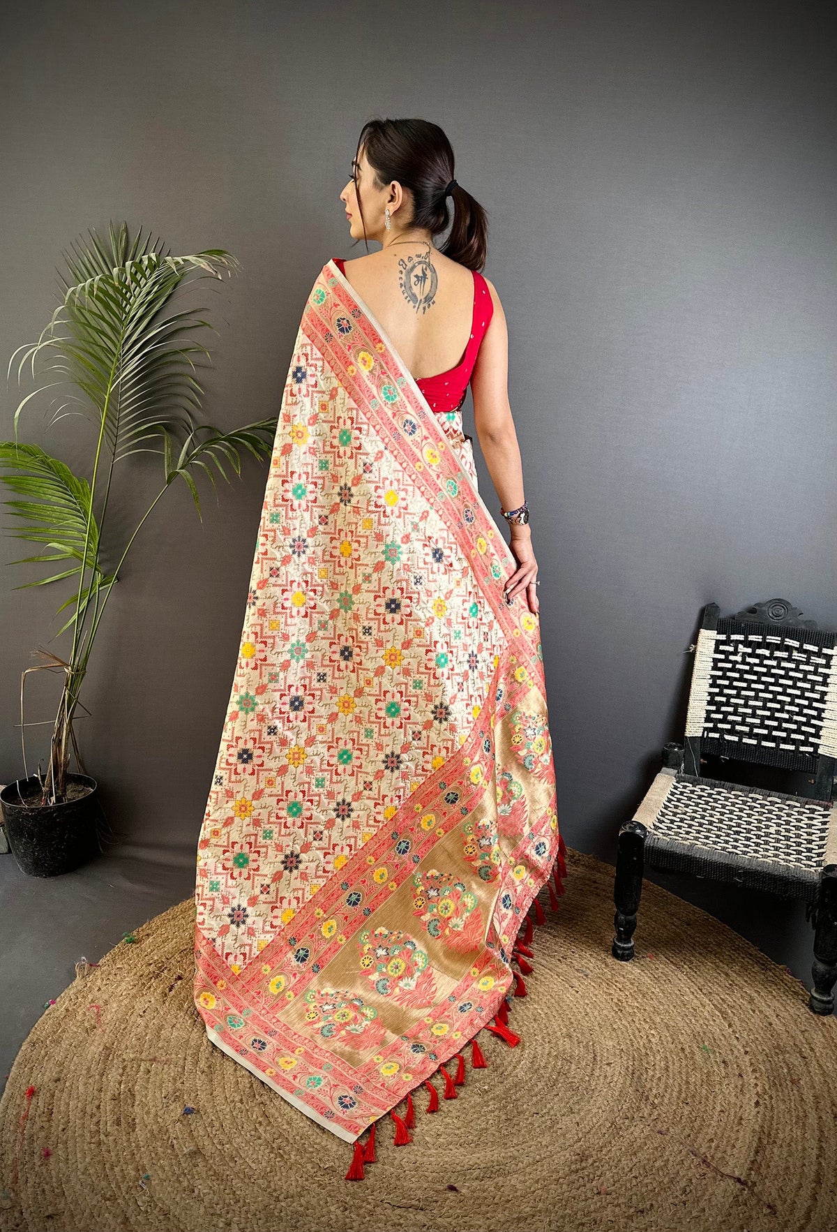 Elora Cream Soft Silk Banarasi Zari Woven Saree | Grocsy
