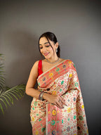 Elora Cream Soft Silk Banarasi Zari Woven Saree | Grocsy