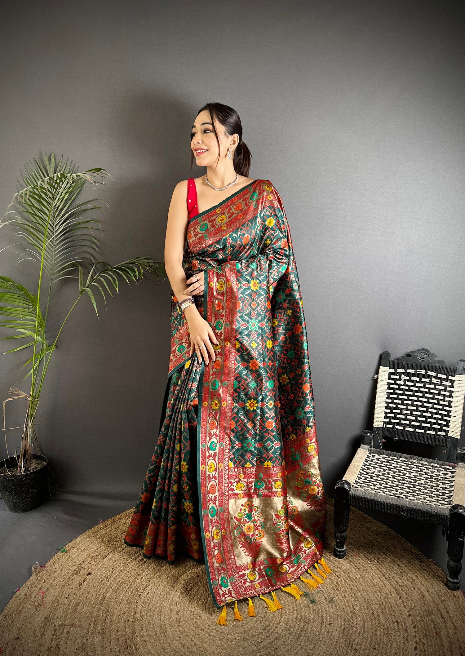 Elora Dark Green Soft Silk Banarasi Zari Woven Saree | Grocsy
