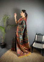Elora Dark Green Soft Silk Banarasi Zari Woven Saree | Grocsy