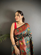 Elora Dark Green Soft Silk Banarasi Zari Woven Saree | Grocsy