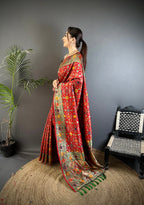Elora Red Soft Silk Banarasi Zari Woven Saree | Grocsy