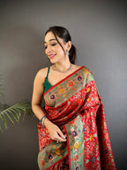 Elora Red Soft Silk Banarasi Zari Woven Saree | Grocsy