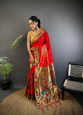 Elora Red Soft Silk Paithani Meenakari Zari Weaving Saree | Grocsy
