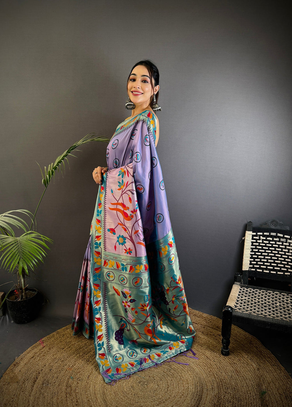Elora Lavender Soft Silk Paithani Meenakari Zari Weaving Saree | Grocsy