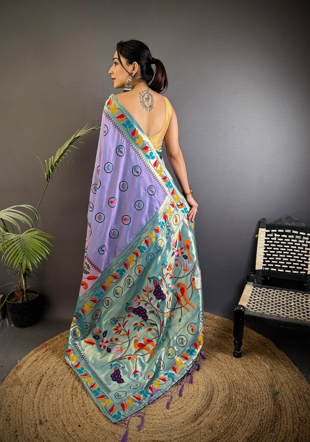 Elora Lavender Soft Silk Paithani Meenakari Zari Weaving Saree | Grocsy