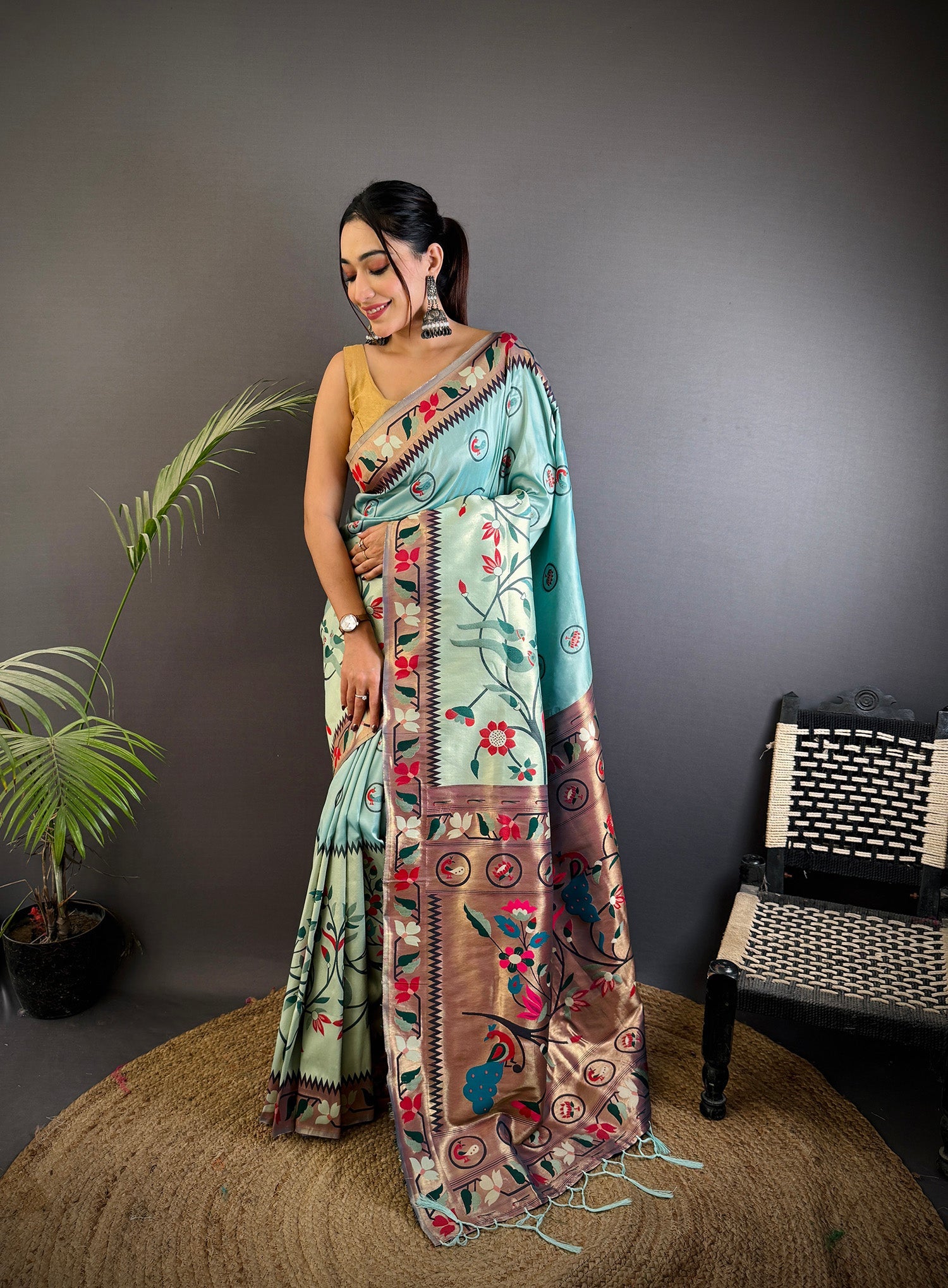 Elora Turquoise Blue Soft Silk Paithani Meenakari Zari Weaving Saree | Grocsy