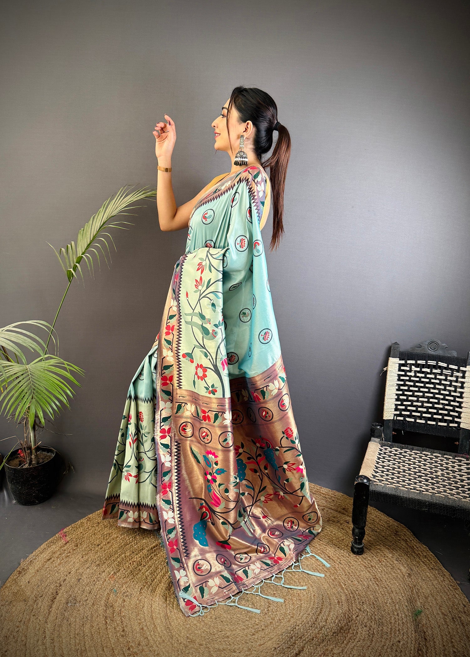 Elora Turquoise Blue Soft Silk Paithani Meenakari Zari Weaving Saree | Grocsy