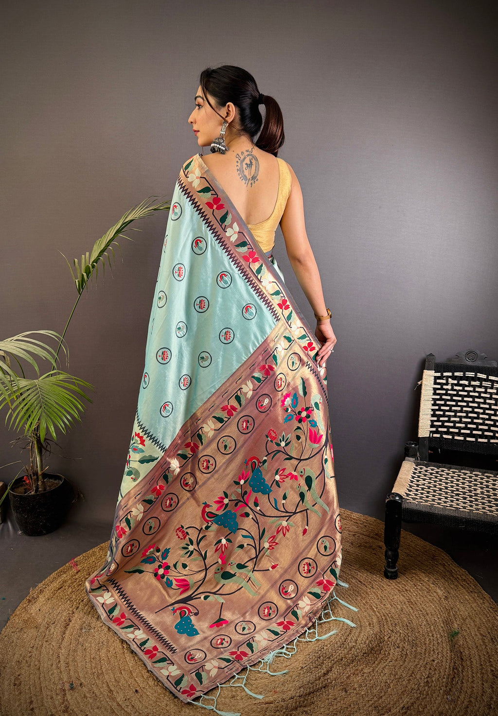 Elora Turquoise Blue Soft Silk Paithani Meenakari Zari Weaving Saree | Grocsy