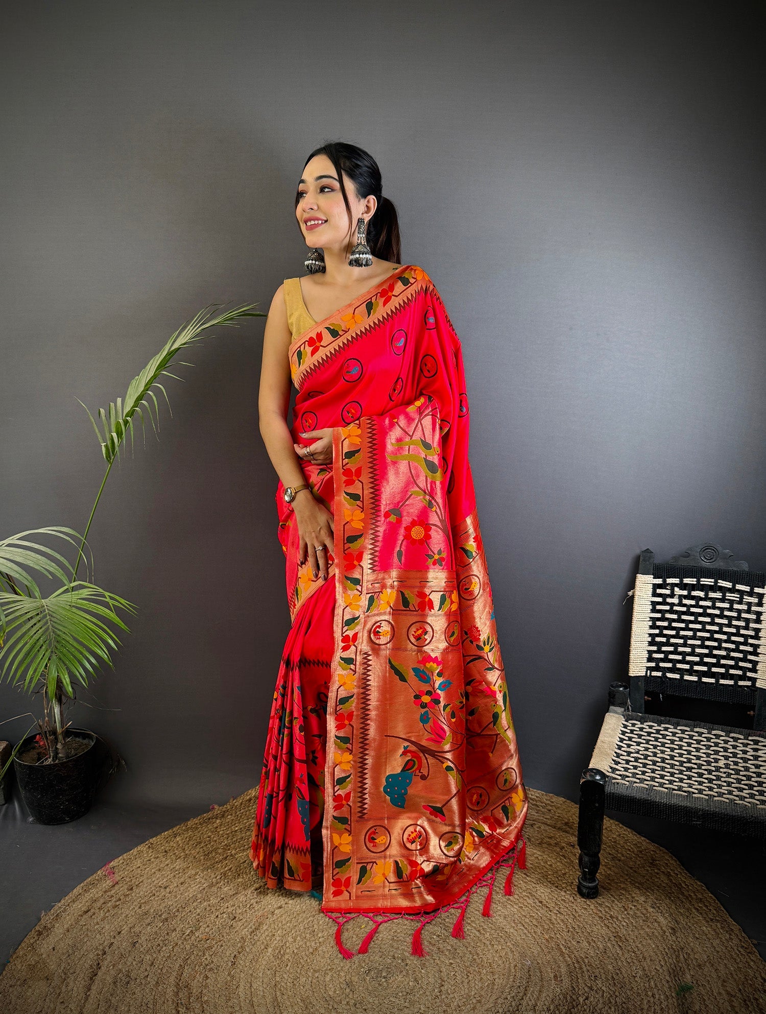Elora Red Soft Silk Paithani Meenakari Zari Weaving Saree | Grocsy