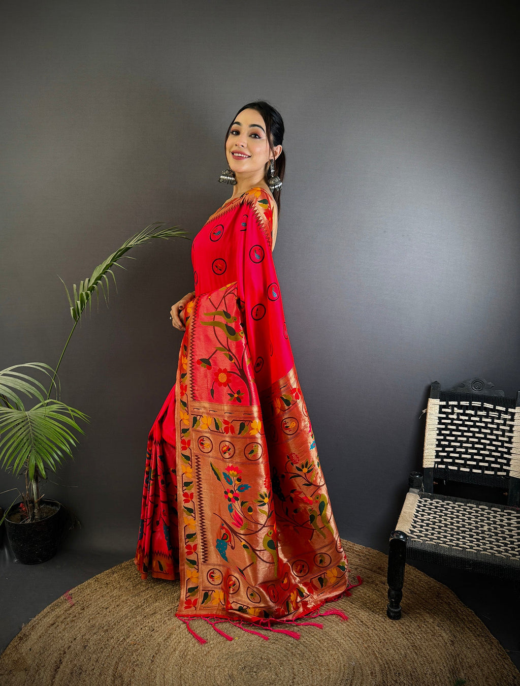 Elora Red Soft Silk Paithani Meenakari Zari Weaving Saree | Grocsy