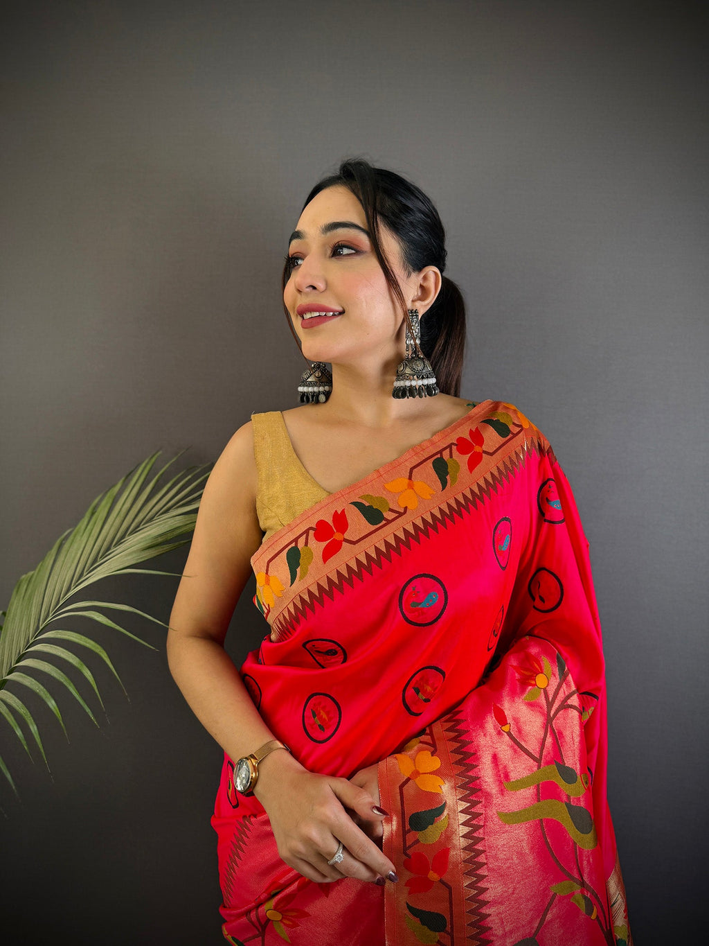 Elora Red Soft Silk Paithani Meenakari Zari Weaving Saree | Grocsy