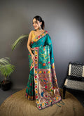 Elora Cyan Blue Soft Silk Paithani Meenakari Zari Weaving Saree | Grocsy
