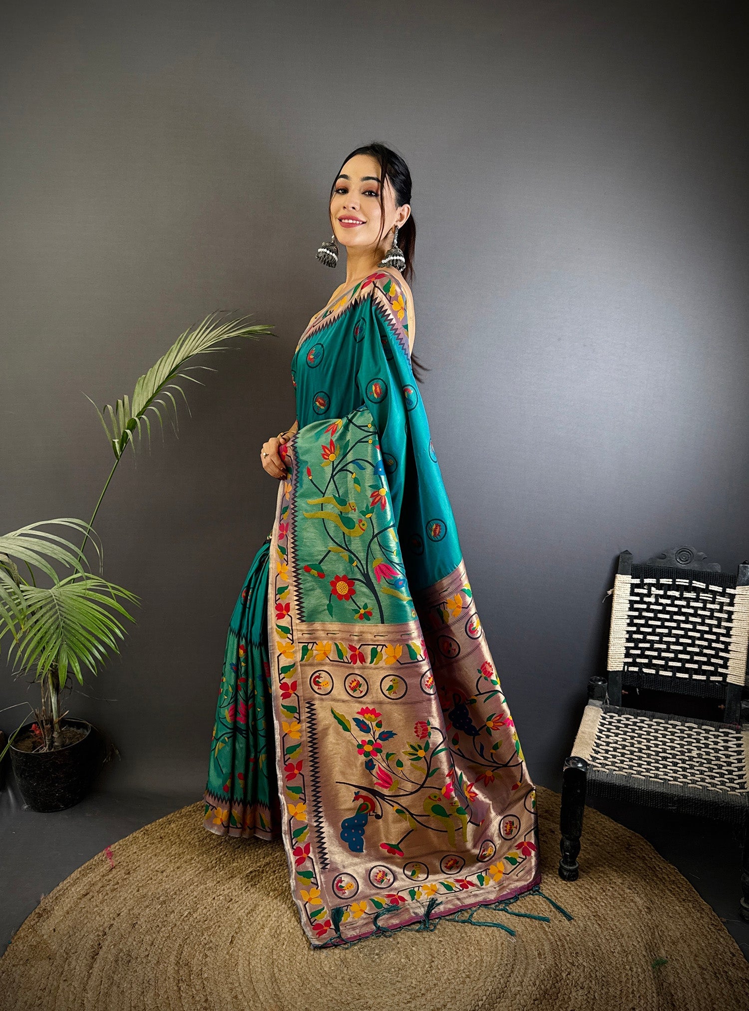 Elora Cyan Blue Soft Silk Paithani Meenakari Zari Weaving Saree | Grocsy