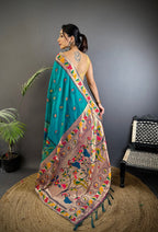 Elora Cyan Blue Soft Silk Paithani Meenakari Zari Weaving Saree | Grocsy