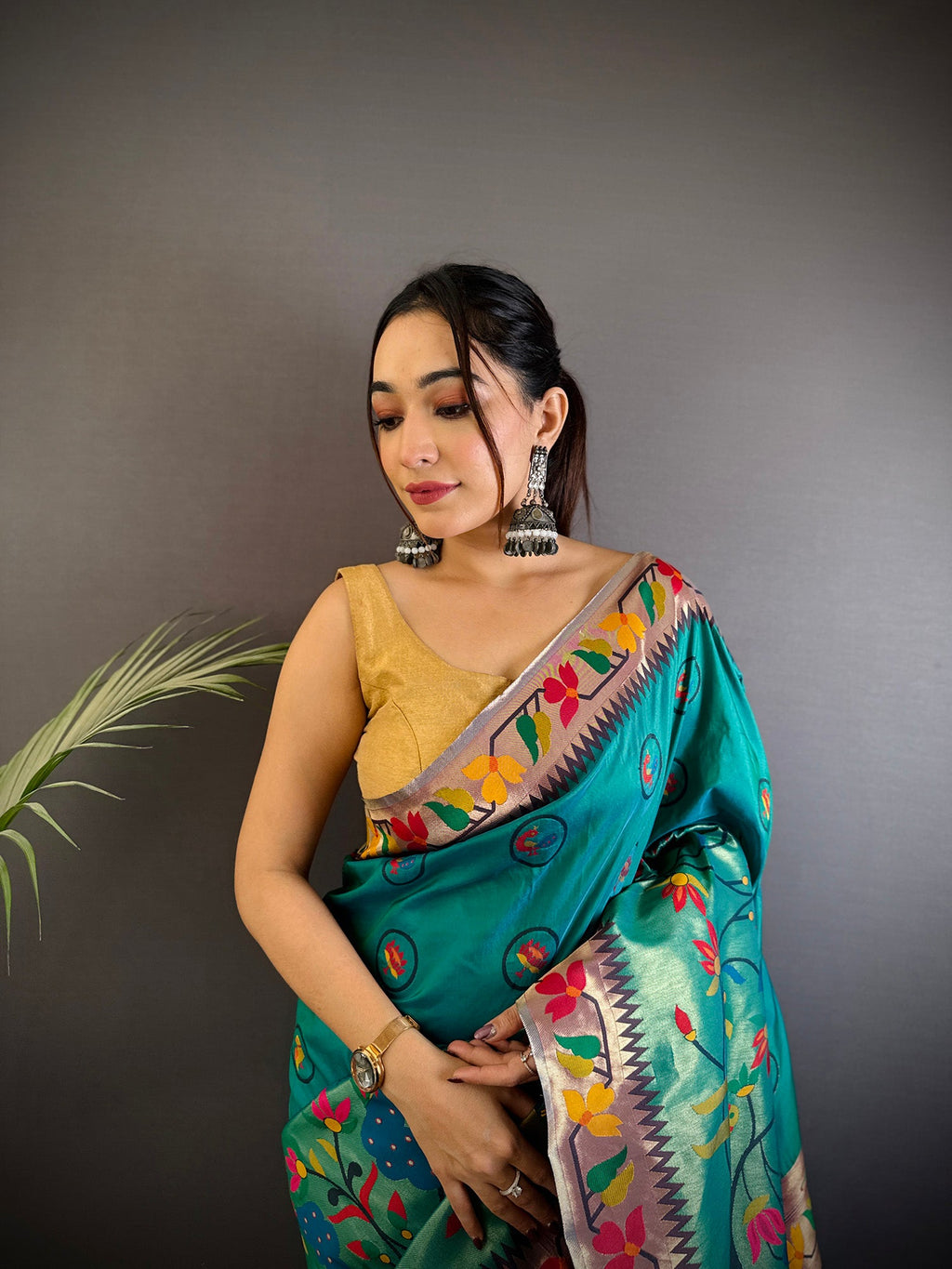 Elora Cyan Blue Soft Silk Paithani Meenakari Zari Weaving Saree | Grocsy