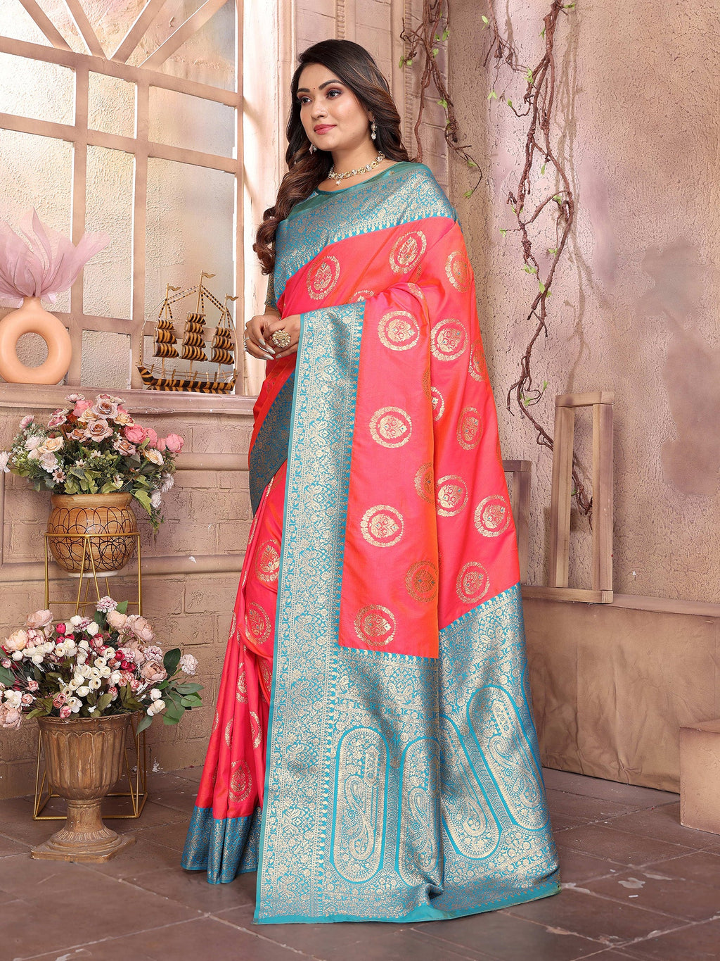 Elora Pink Soft Silk Banarasi Zari Woven Saree | Grocsy