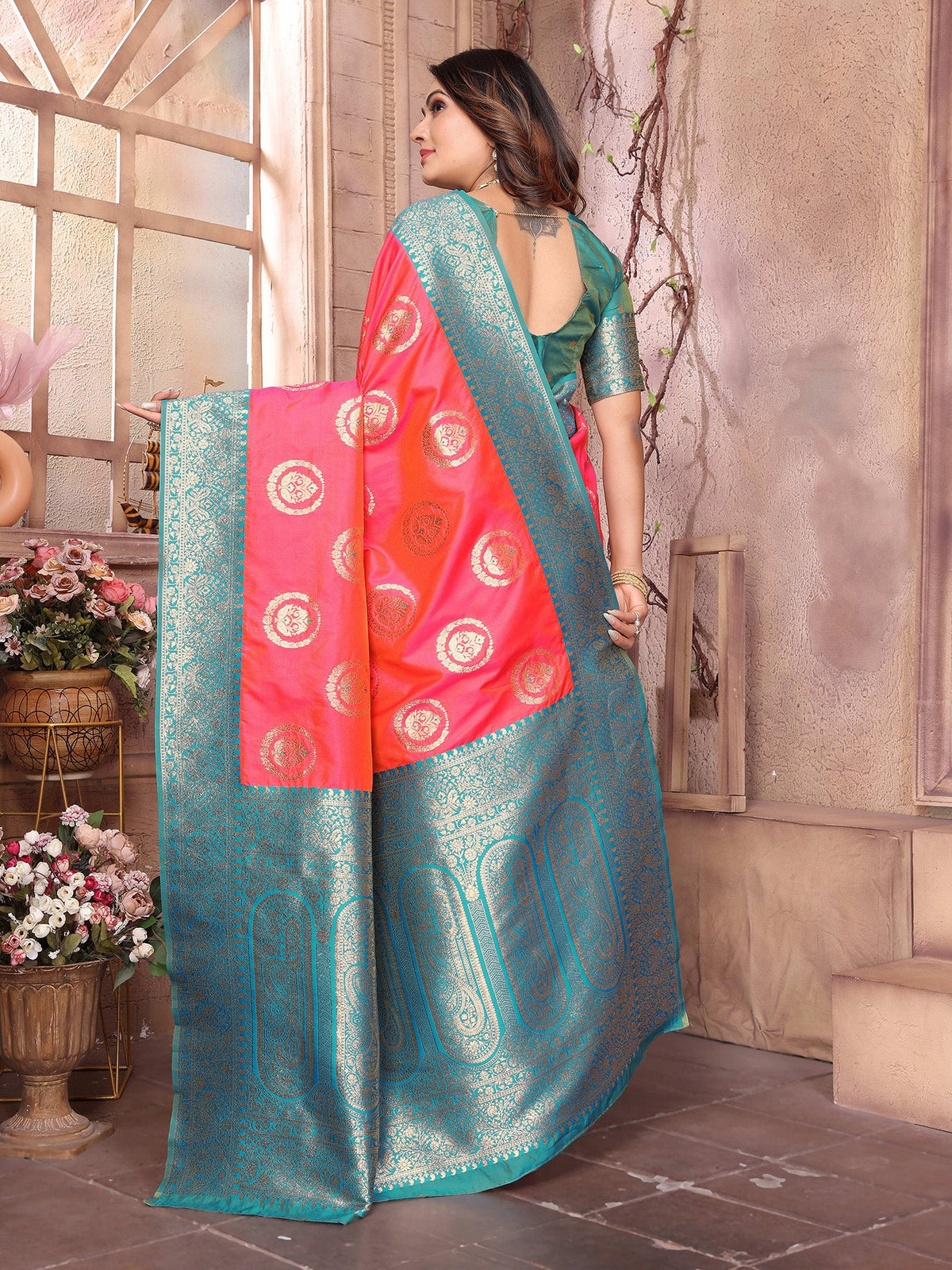 Elora Pink Soft Silk Banarasi Zari Woven Saree | Grocsy