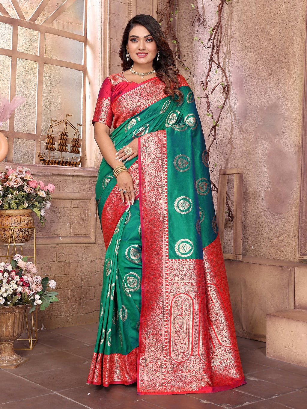 Elora Green Soft Silk Banarasi Zari Woven Saree | Grocsy