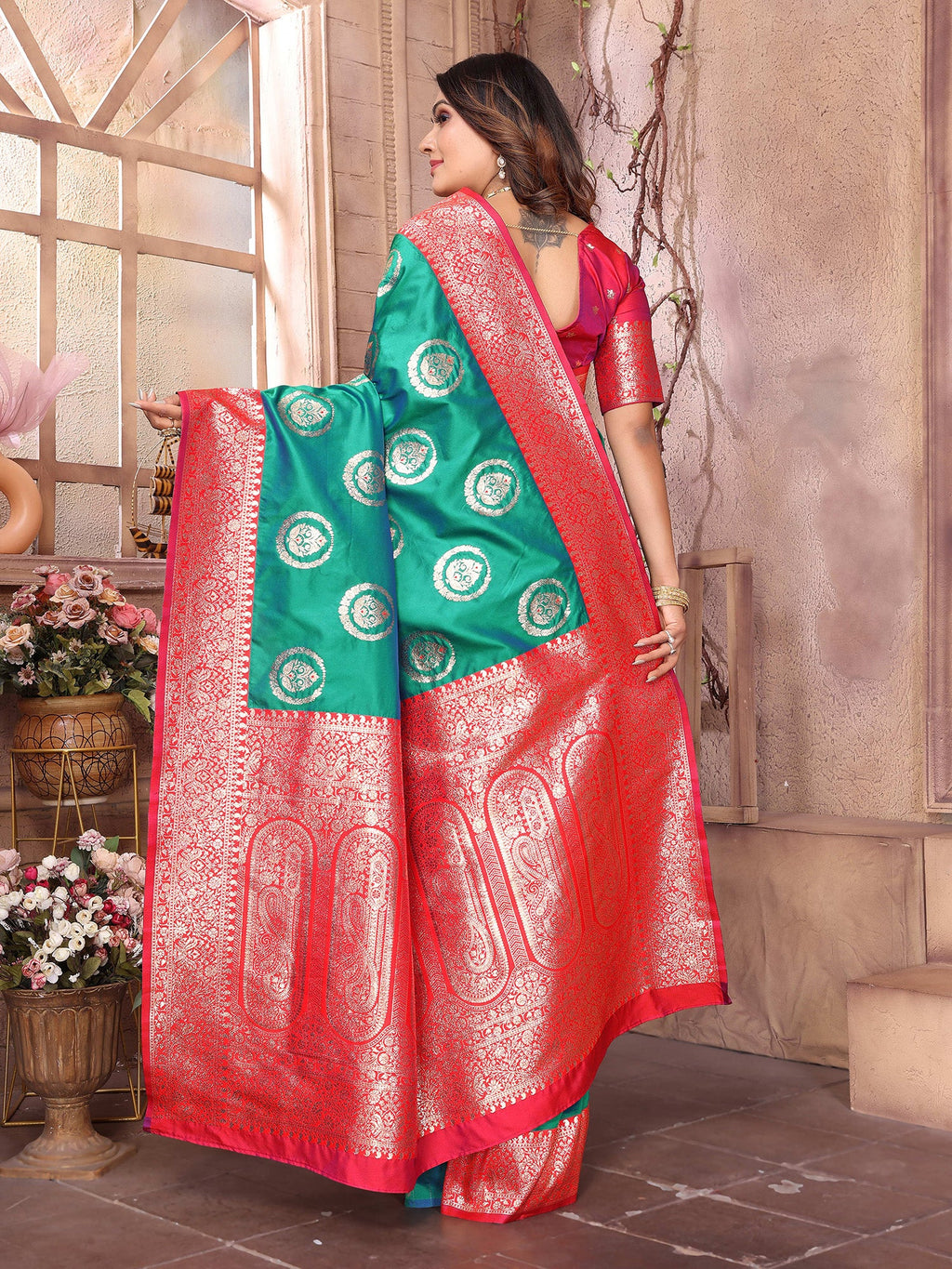 Elora Green Soft Silk Banarasi Zari Woven Saree | Grocsy