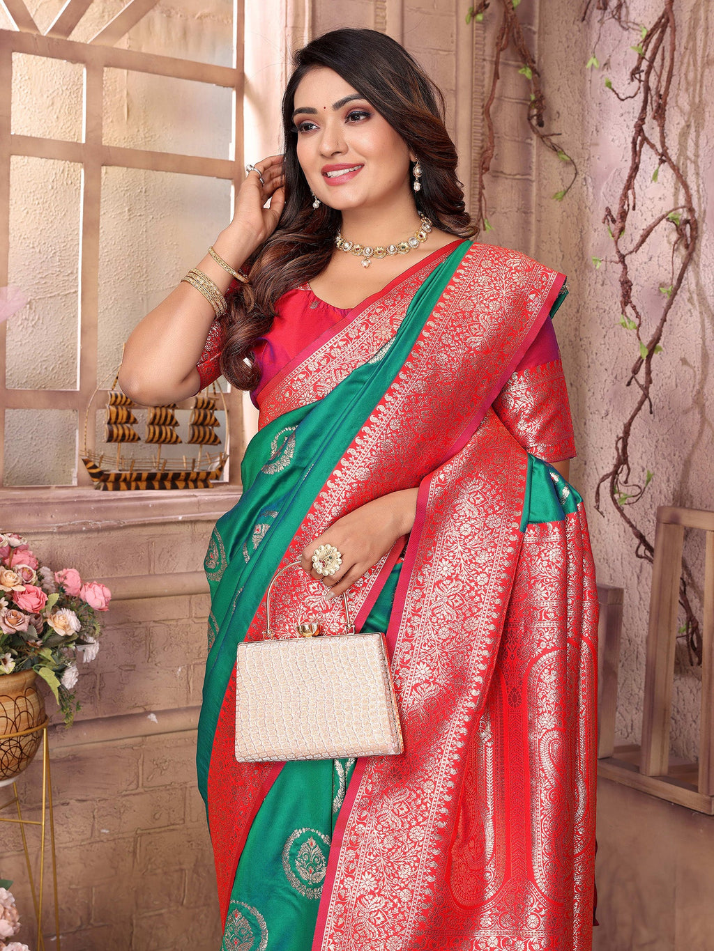 Elora Green Soft Silk Banarasi Zari Woven Saree | Grocsy